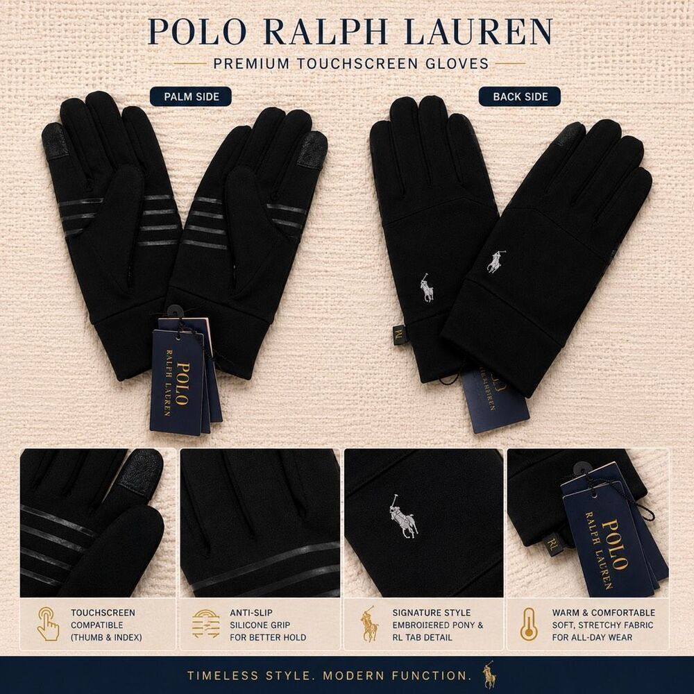 Polo Ralph Lauren Touchscreen Gloves Black Medium Pony Logo NWT Winter